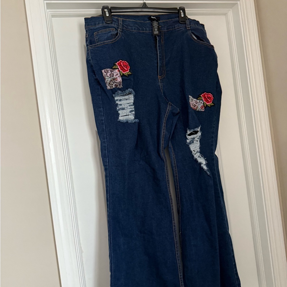 NWOT Dark Blue Flare Jeans with Floral Embroidery Size 18W